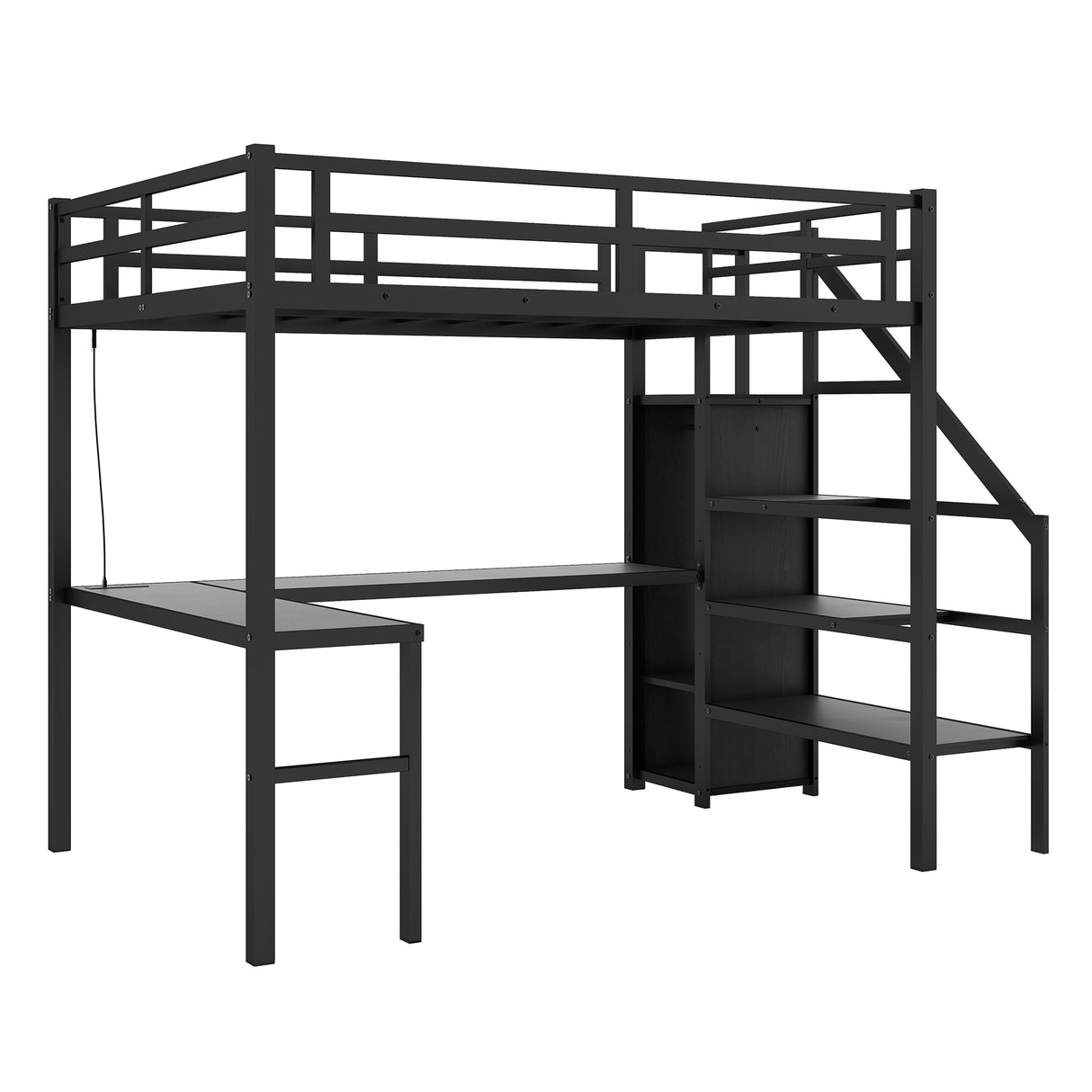 Full sized loft bed with L-shaped desk and USB, metal loft bed with wardrobe and adjustable shelf, black color - V.I.P Digital Presence