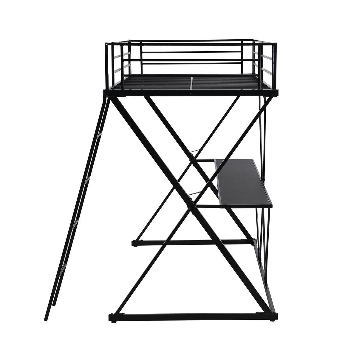 Twin Size Loft Bed with Desk Ladder and Full-Length Guardrails X-Shaped Frame Black