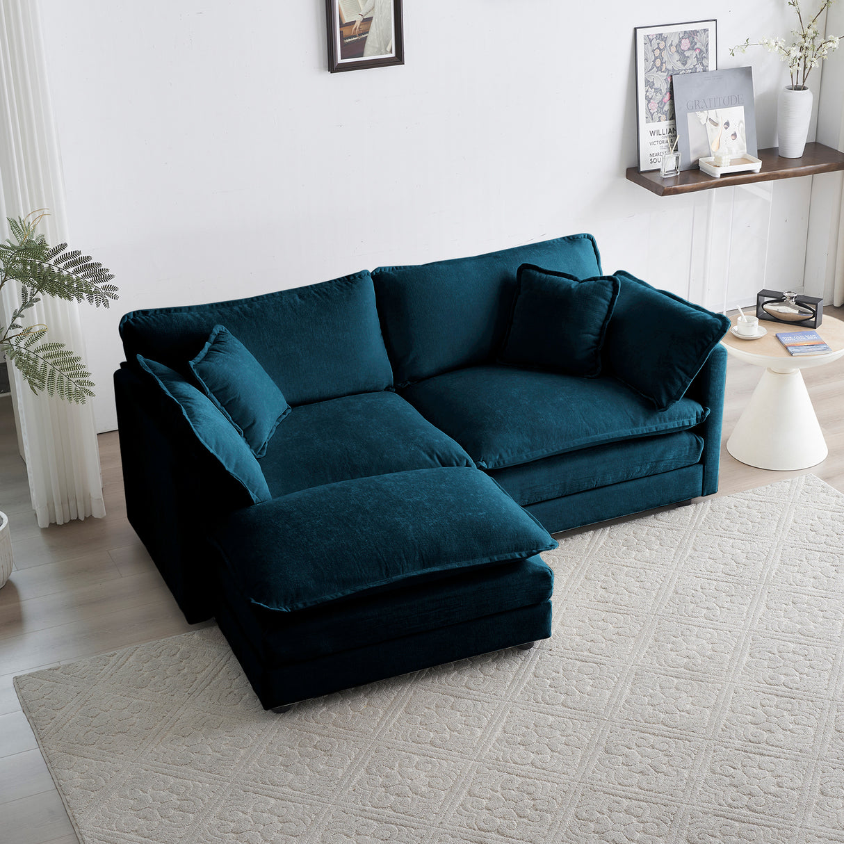 Chenille double sofa with 1 foot pedal, 2 seats L-shaped section, Ottoman style blue Chenille - V.I.P Digital Presence