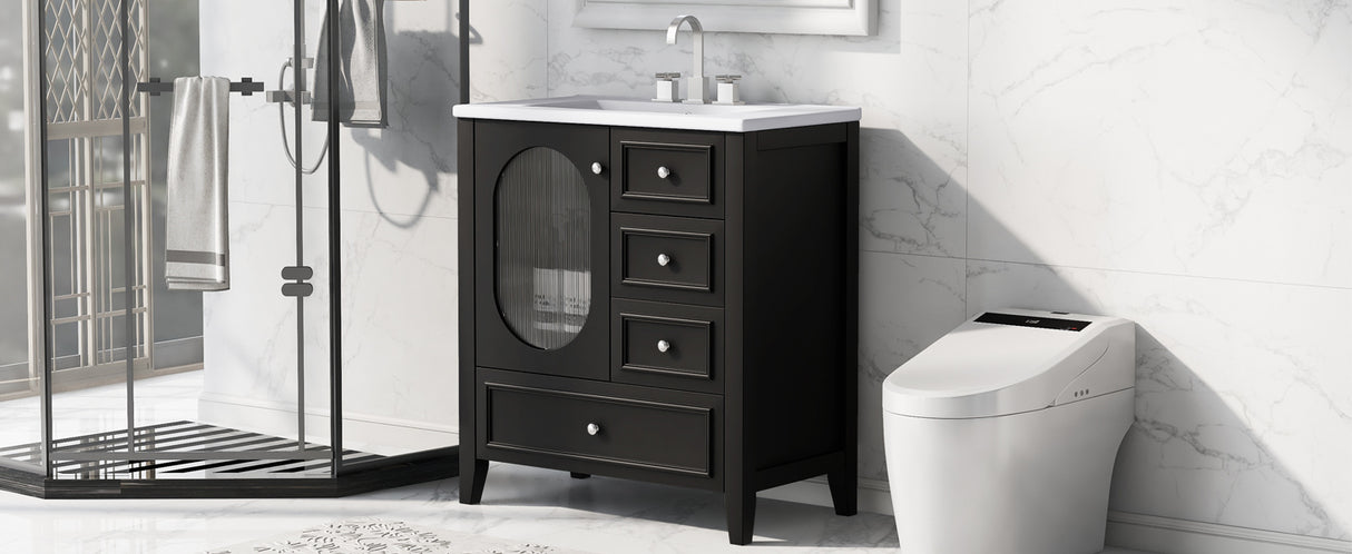 30" Bathroom Vanity with Sink, Bathroom Vanity Cabinet with Three Drawers and Door, Solid Wood and MDF, Black - V.I.P Digital Presence