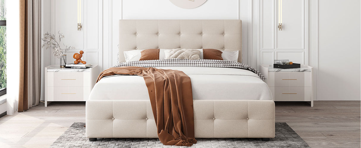 Upholstered Platform Bed with Classic Headboard and 4 Drawers No Box Spring Needed Linen Fabric Queen Size Beige - V.I.P Digital Presence
