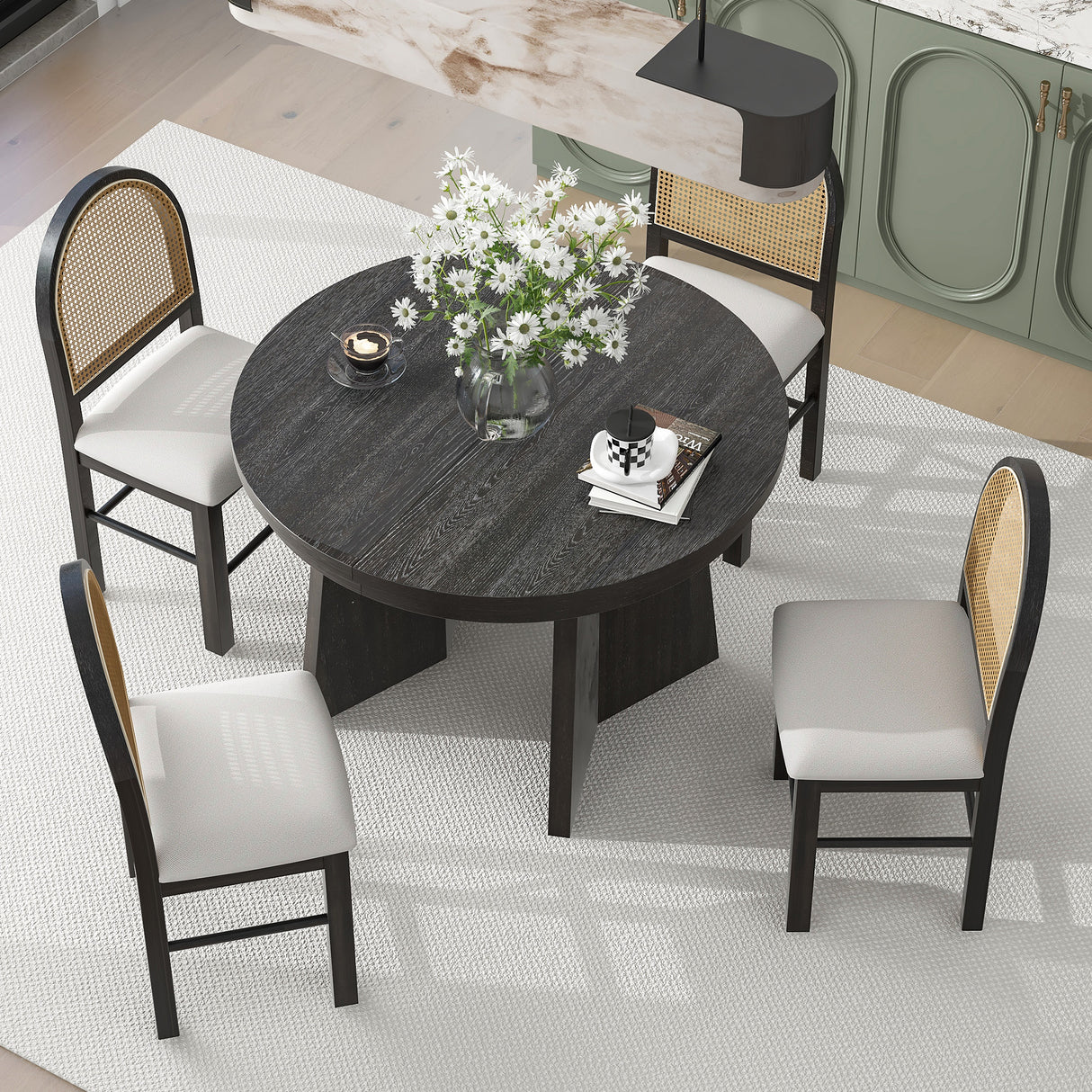 TREXM 5-piece retro functional cutlery set with 1 expandable dining table and 4 cushioned chairs with rattan backrests (espresso - V.I.P Digital Presence