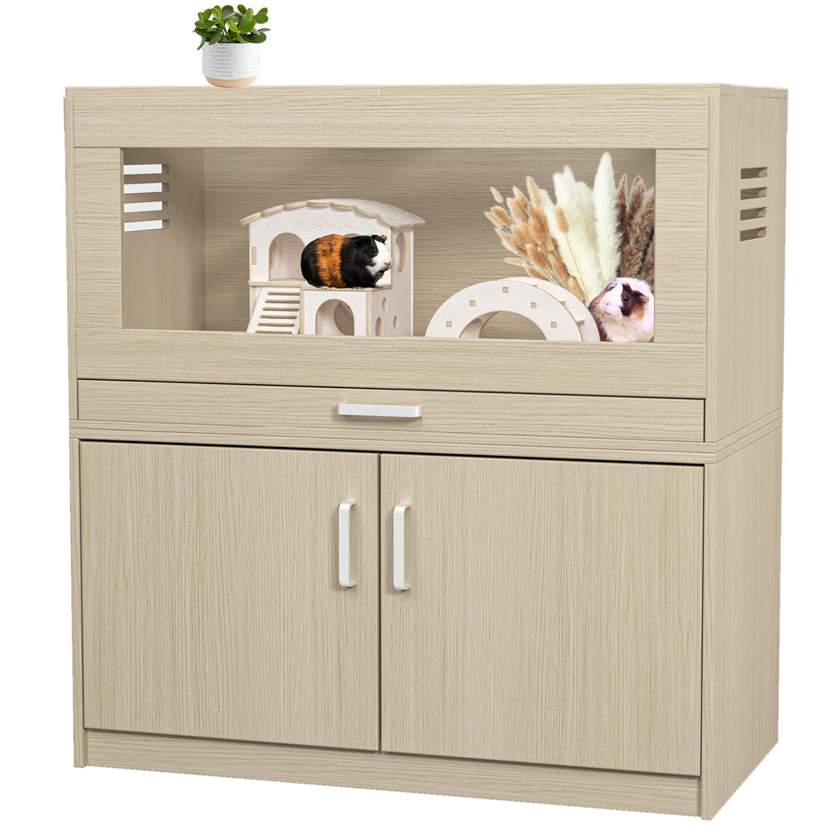 Squirrel cage acrylic panel with independent storage cabinet and wooden guinea pig room with bridge (L 31.50 x W 15.75 x H32.28) - V.I.P Digital Presence