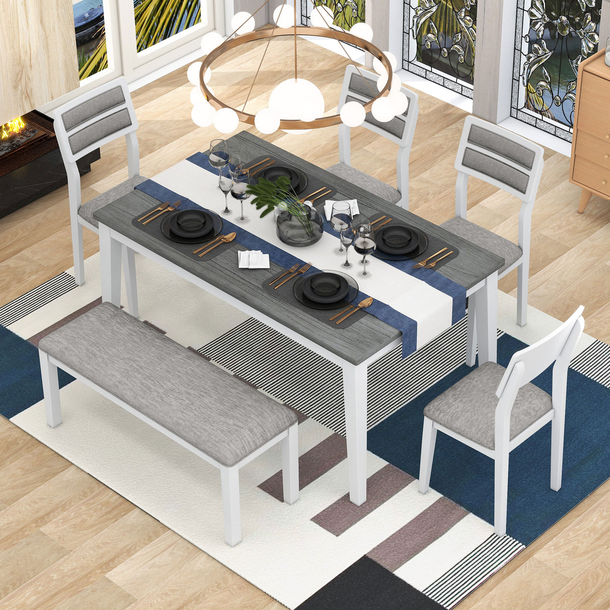 TREXM Classic and Traditional Style 6 - Piece Dining Set, Includes Dining Table 4 Upholstered Chairs & Bench (White+Gray)