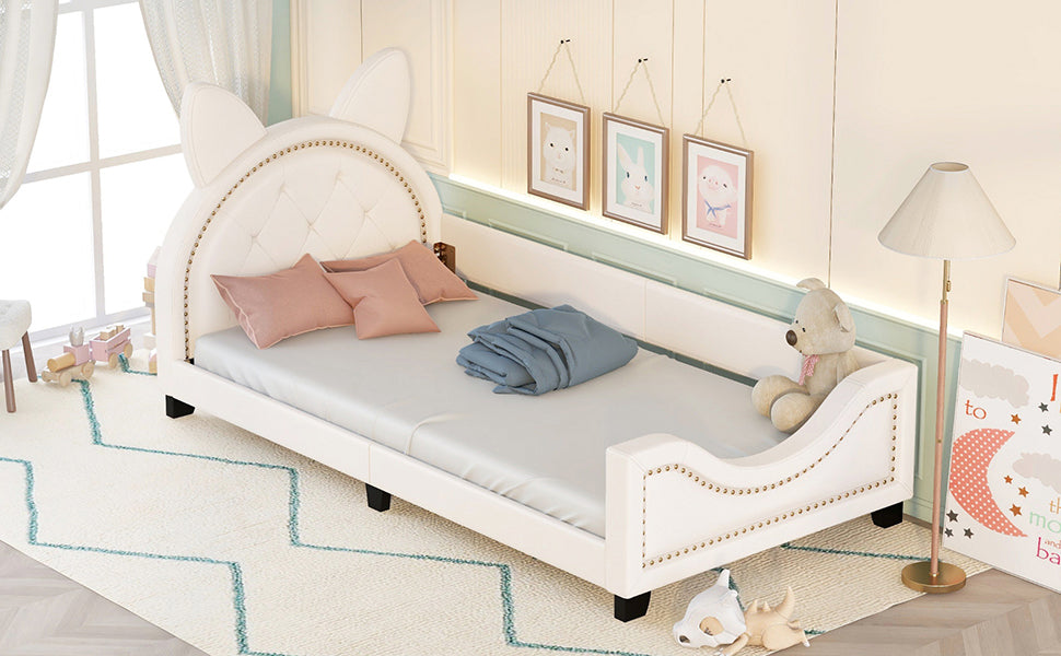 Twin Size Upholstered Daybed with Carton Ears Shaped Headboard White