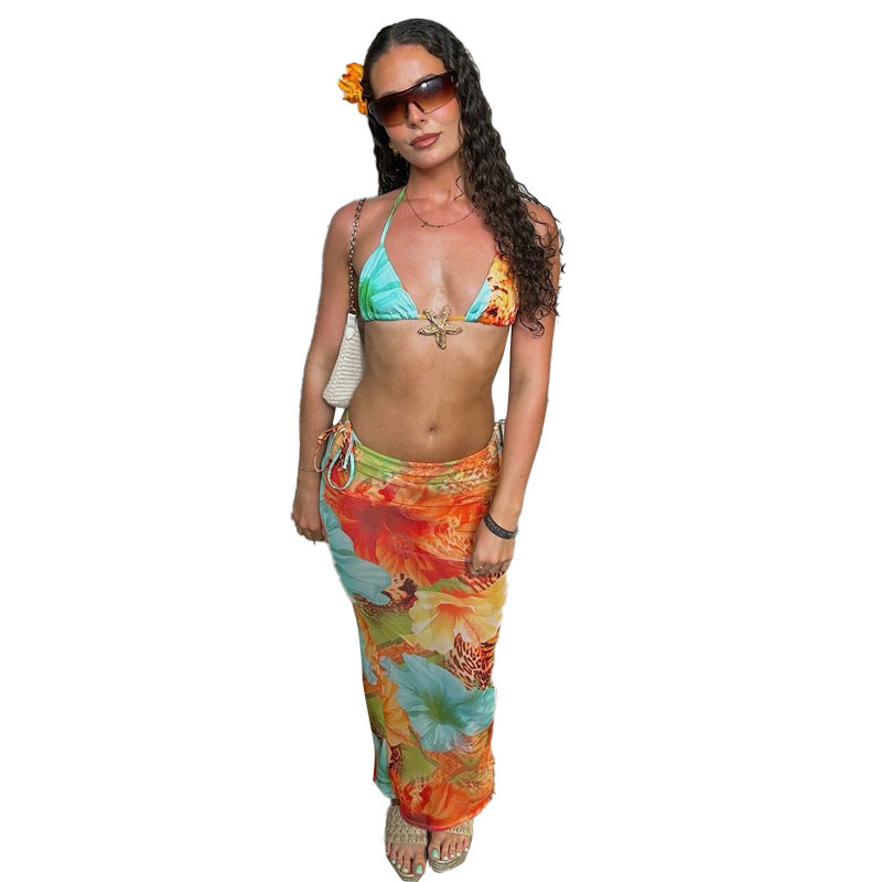 Three piece set of fashionable printed bikini with exposed navel tie - V.I.P Digital Presence