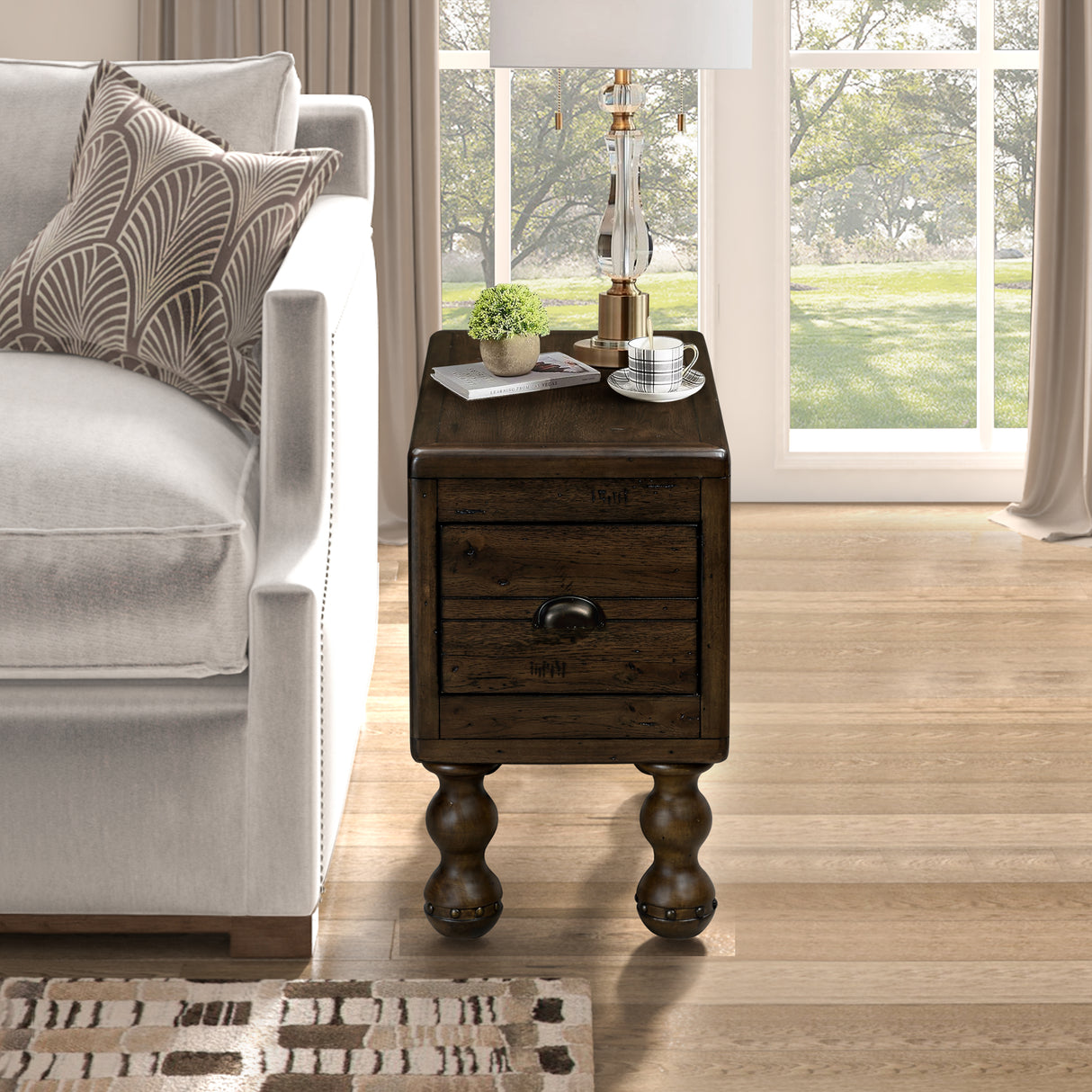 Solid wood end table, rectangular 23.6 inch narrow edge table with drawers, vintage bedside table, Espresso - V.I.P Digital Presence