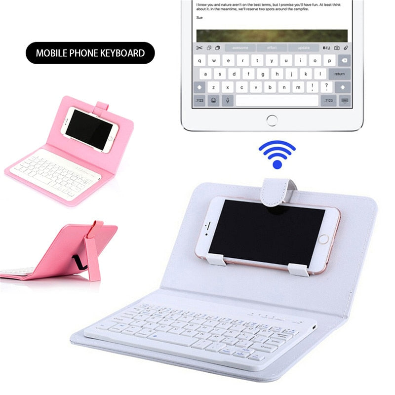 Funda de teclado inalámbrico portátil de cuero sintético para iPhone, teléfono móvil protector con teclado Bluetooth para iPhone y teléfono Android.