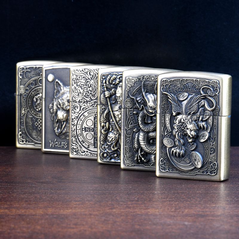 Kerosene lighter windproof retro style grinding wheel personalized bronze relief fuel dispenser - V.I.P Digital Presence