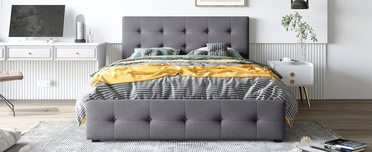 Upholstered Platform Bed with Classic Headboard and 4 Drawers No Box Spring Needed Linen Fabric Queen Size Dark gray - V.I.P Digital Presence