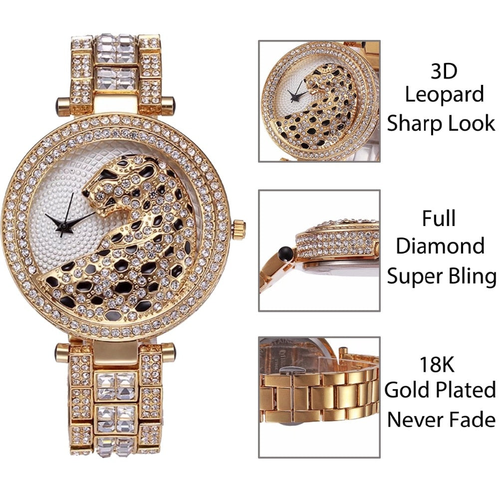 MISSFOX V227 Women Quartz Watch Fashion Bling Casual Ladies Watch Female Quartz Gold Watch Crystal Diamond Leopard For Women Clock - V.I.P Digital Presence