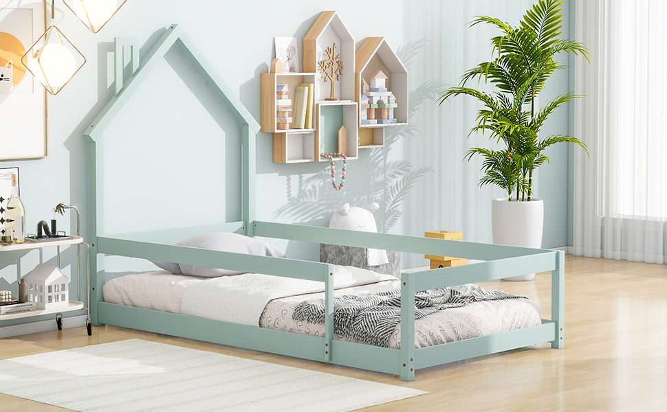 Twin Size Wood bed with House-shaped Headboard Floor bed with Fences,Light Green - V.I.P Digital Presence