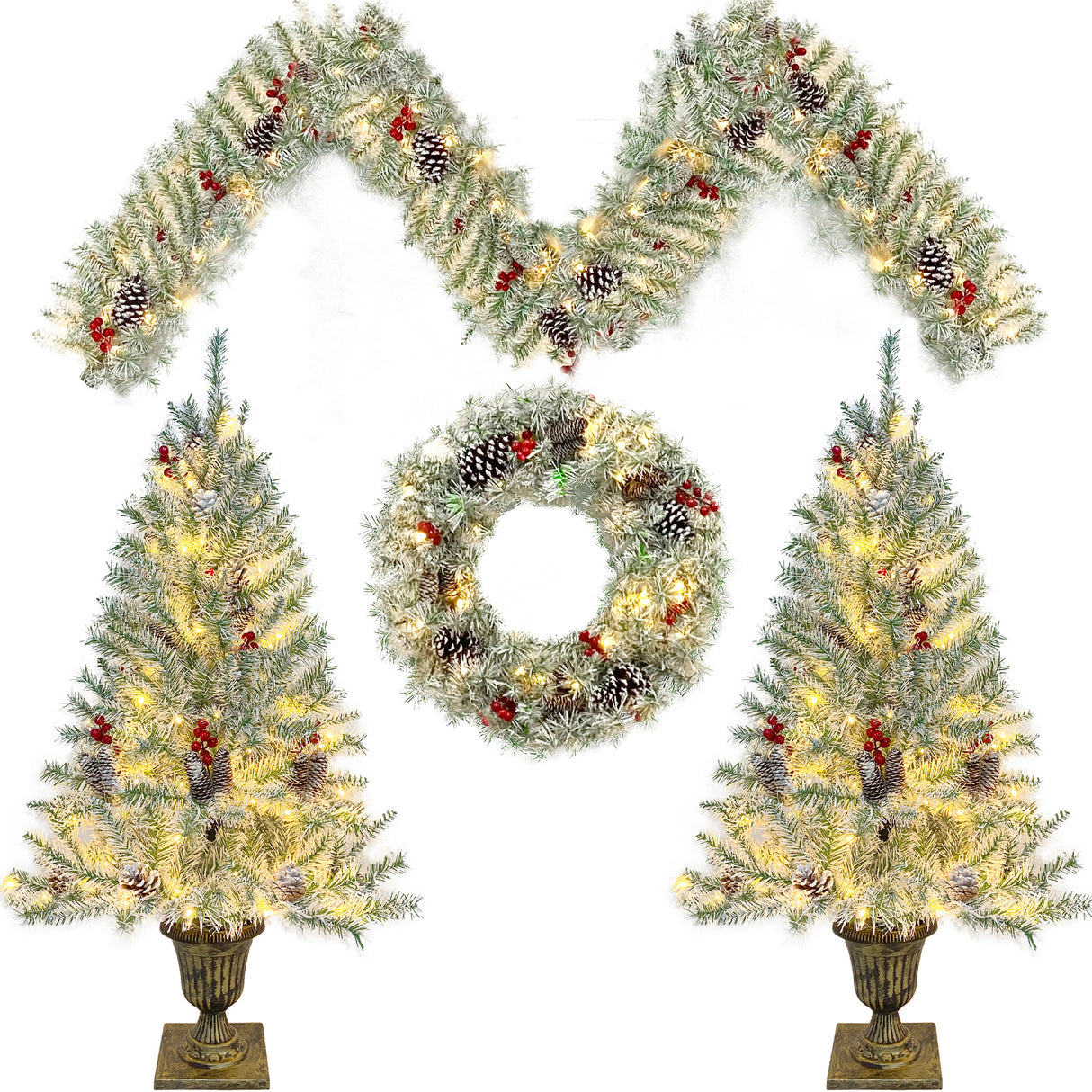 Pre-lit Xmas Tree Artificial Christmas 4-Piece Set,Garland, Wreath and Set of 2 Entrance Trees X-mas - V.I.P Digital Presence