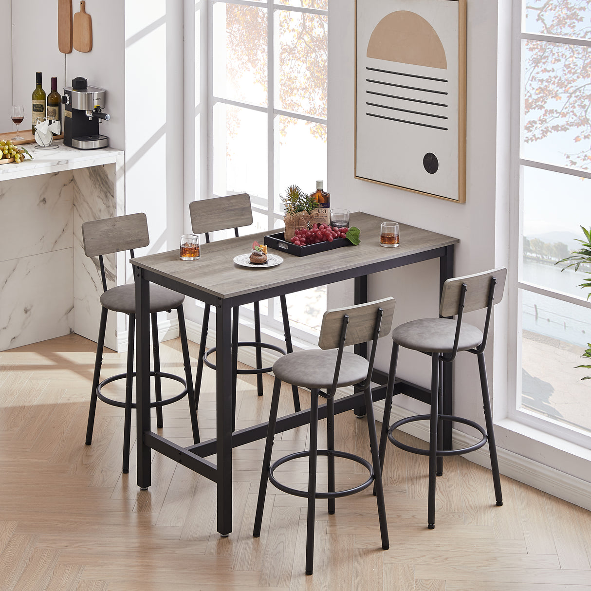 Bar Table Set with 4 Bar stools PU Soft seat with backrest Grey 47.24'' L x 23.62'' W x 35.43'' H - V.I.P Digital Presence