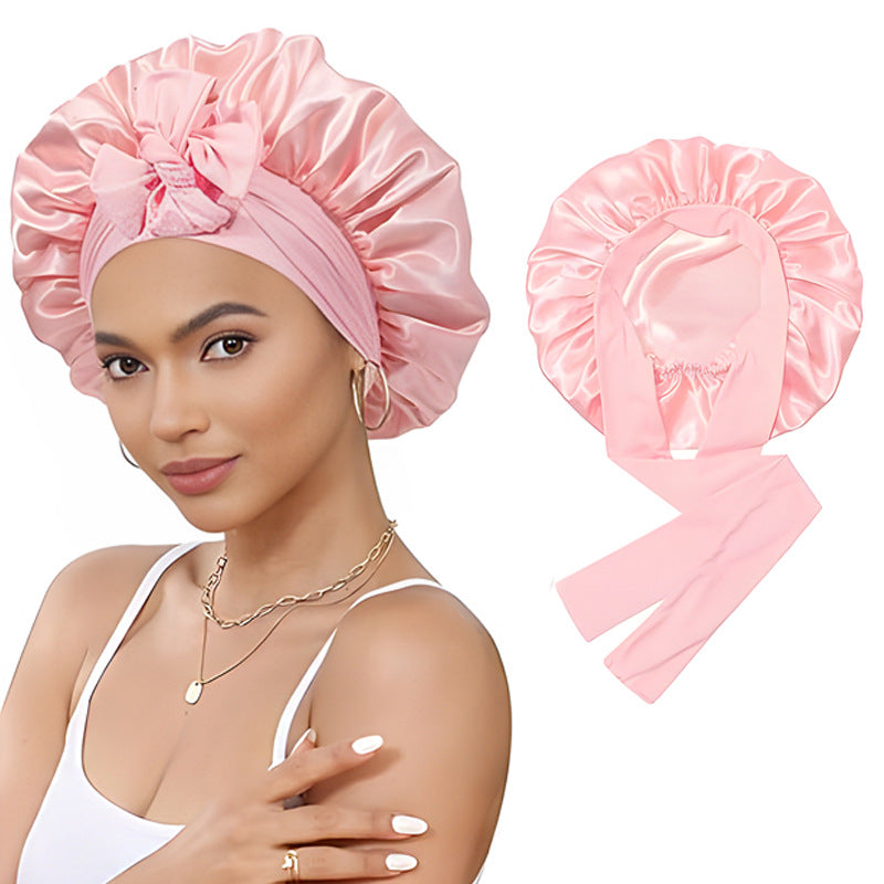 Bow bow ribbon nightcap single-layer color Ding round hat long tail hair care hat - V.I.P Digital Presence