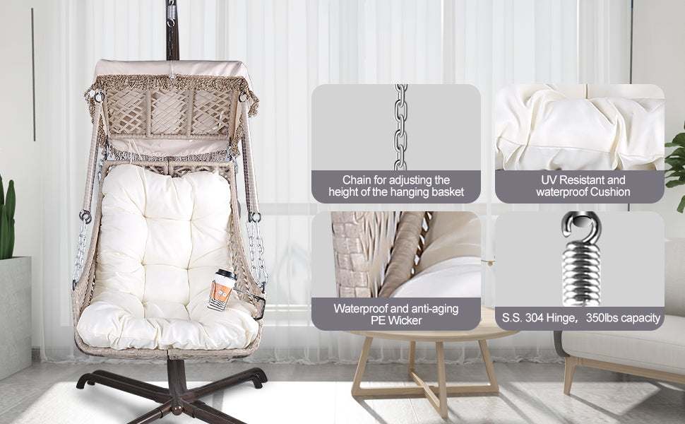 Swing Egg Chair with Stand Indoor Outdoor Wicker Rattan Frame 350lbs Capacity Hammock Chair for Patio Bedroom with Sunshade Clot - V.I.P Digital Presence