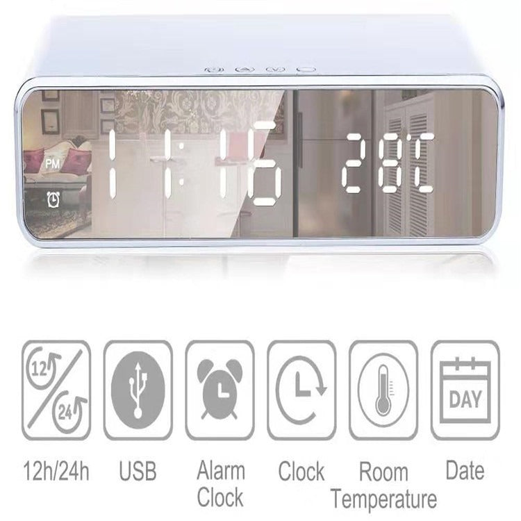 Temperature gauge wireless charging multifunctional desktop time clock mirror LED digital display wireless - V.I.P Digital Presence