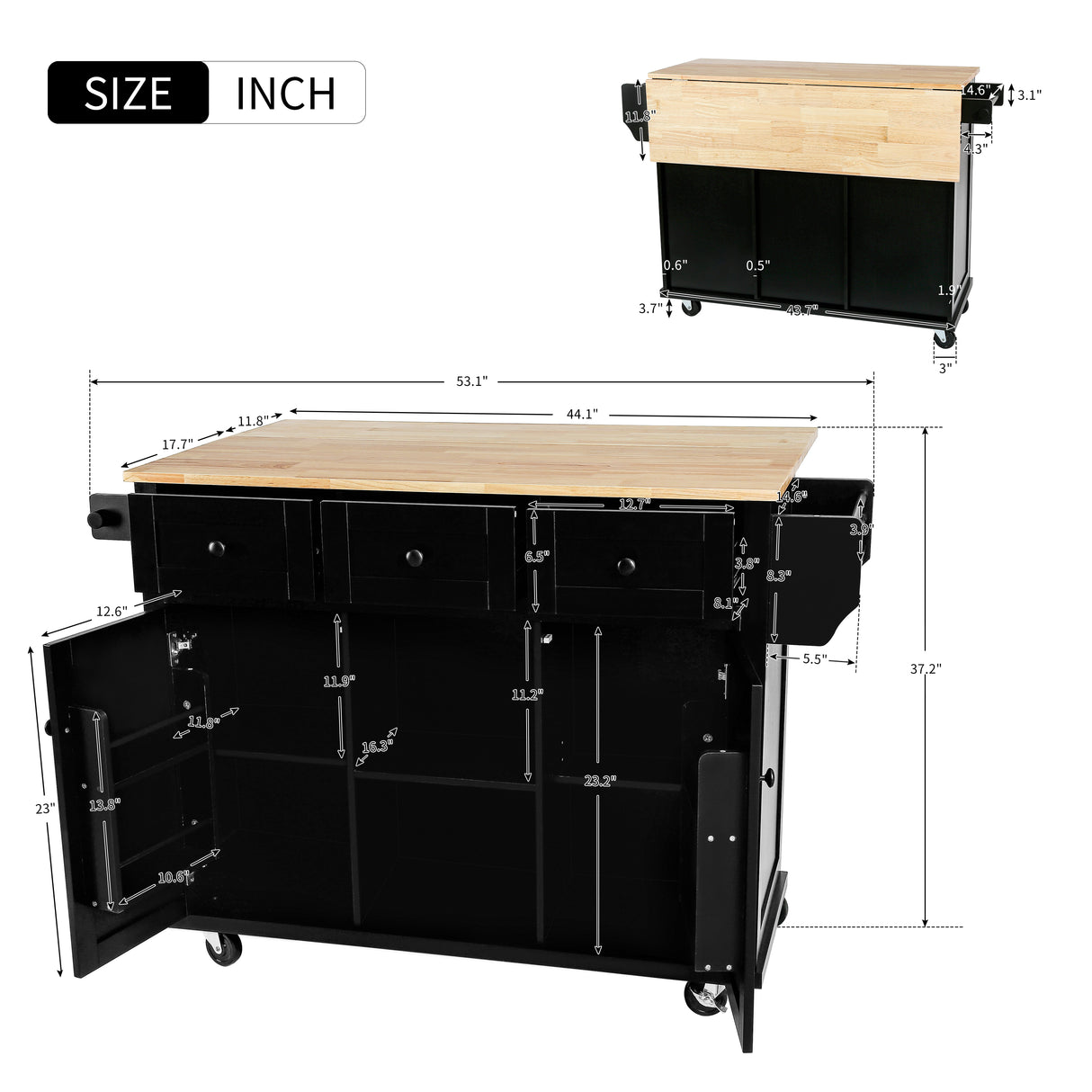 Kitchen trolley with rubber wood leaf countertop, 5-wheel kitchen island, storage cabinet and 3 dining drawers, black - V.I.P Digital Presence