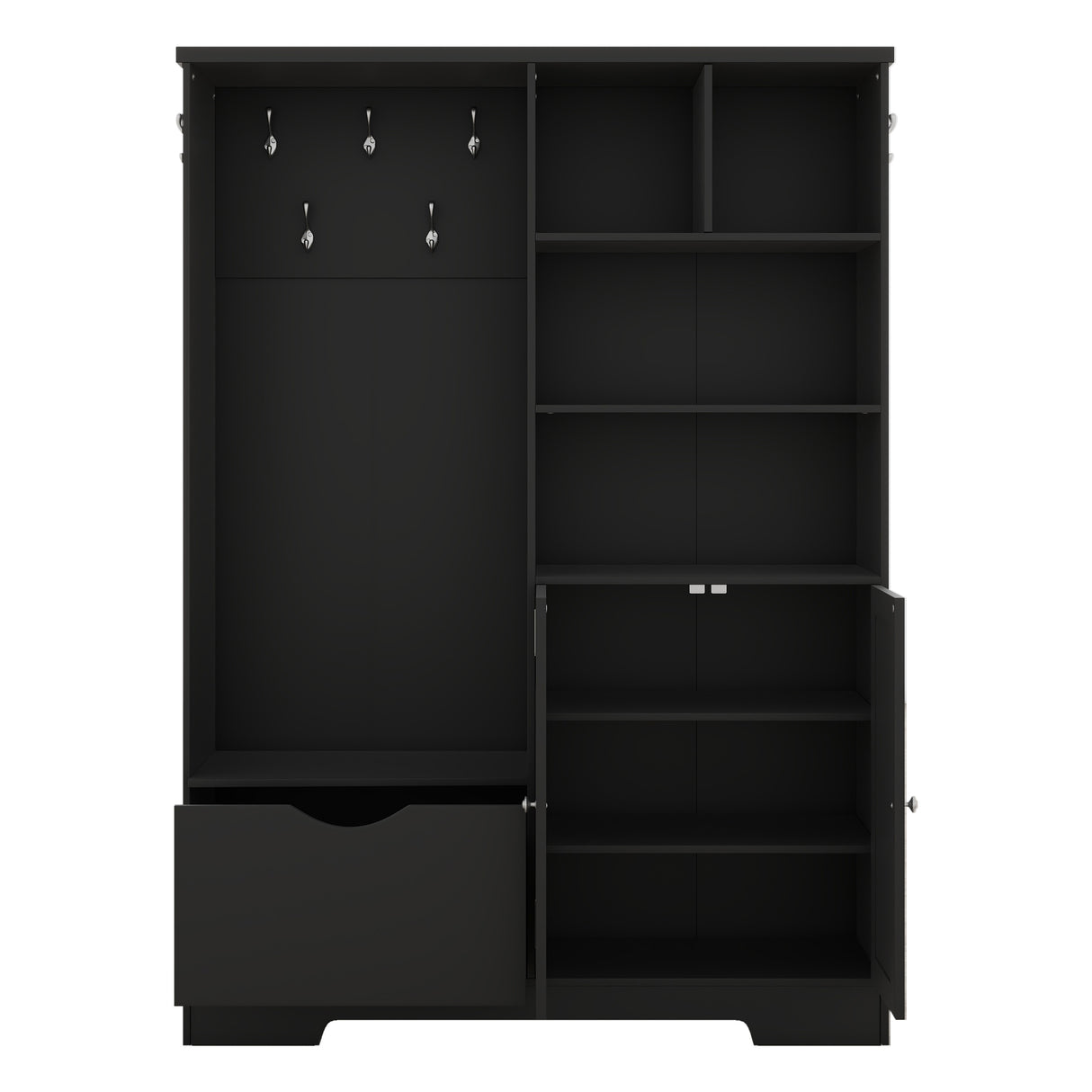 Multi-functional Hall Tree with Storage Shelves Drawers and Cabinet, Elegant Hallway Shoe Cabinet with Bench Modern Black - V.I.P Digital Presence