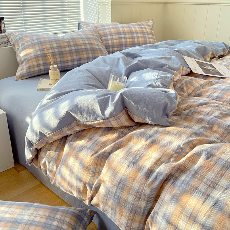 Juego de ropa de cama de algodón lavado teñido de algodón puro de clase A, sábana plana, funda de edredón, sábana ajustable, funda de edredón, juego de tres piezas a rayas