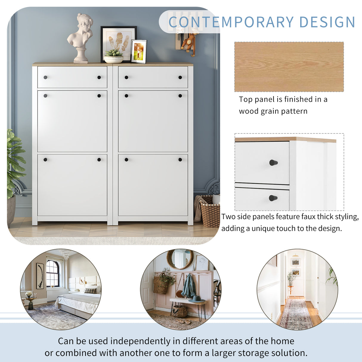ONTREND ultra-thin shoe cabinet set with 4 flip drawers and adjustable panel top shoe rack, white - V.I.P Digital Presence