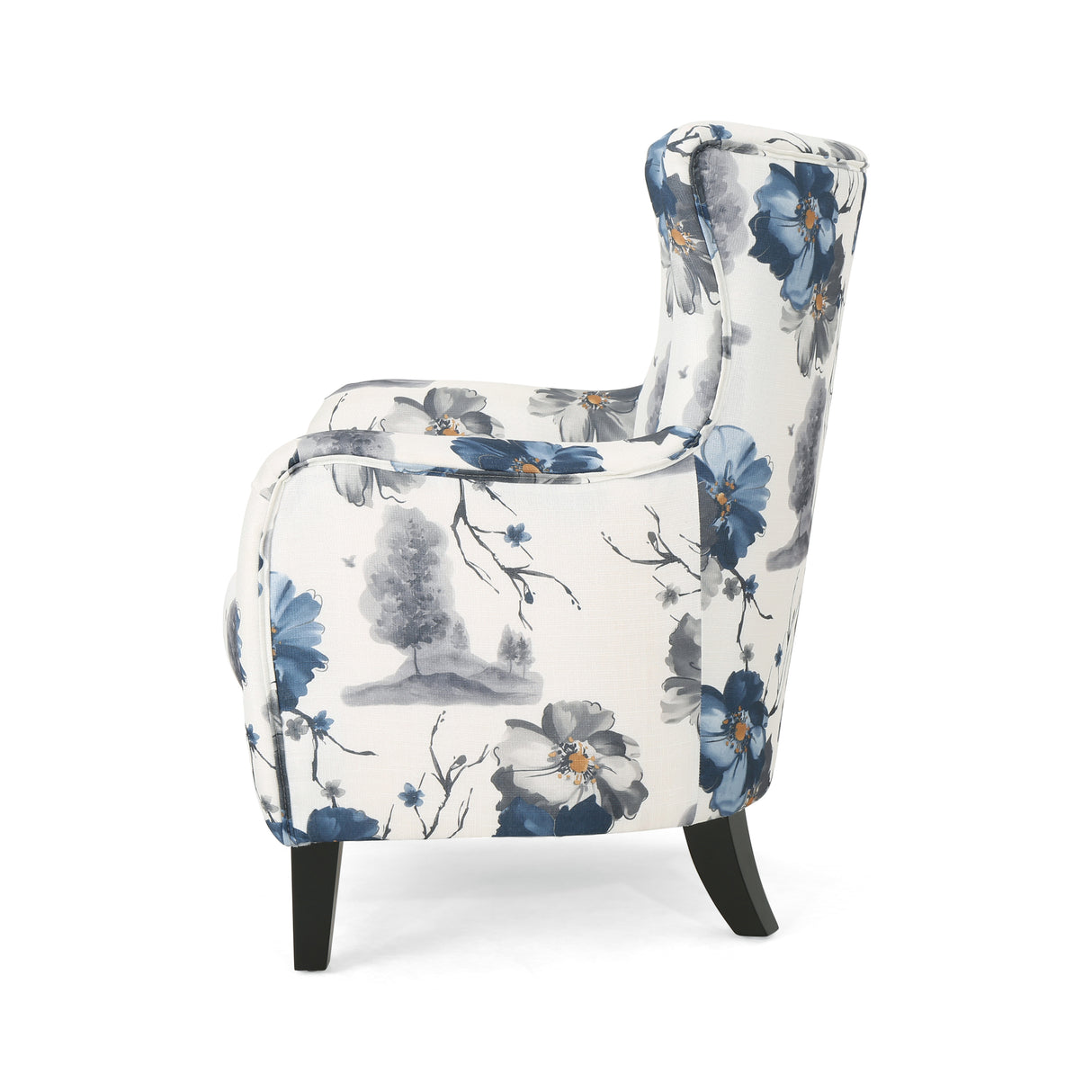 Modern retro printed fabric cushioned club chair, white and blue patterned armchair - V.I.P Digital Presence
