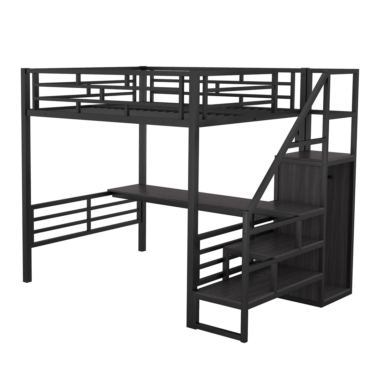 Full Size Metal Loft Bed with Desk, Storage Staircase and Small Wardrobe, Storage stairs can be installed left and right,Black - V.I.P Digital Presence