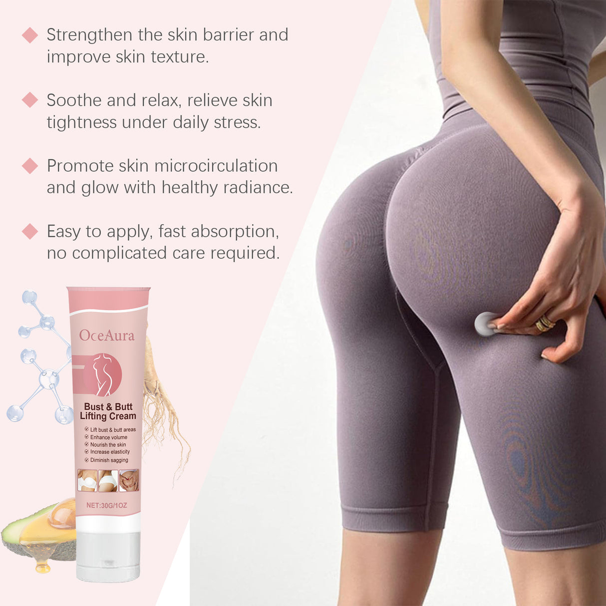 Crema para el cuidado de los senos Oceaura: hidratante, reafirmante, suavizante y nutritiva para la piel de los glúteos.