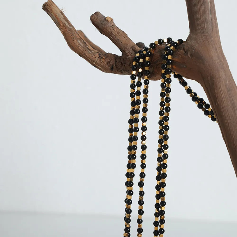 Square titanium steel gold-plated natural black agate stone handmade bead necklace jewelry for women - V.I.P Digital Presence