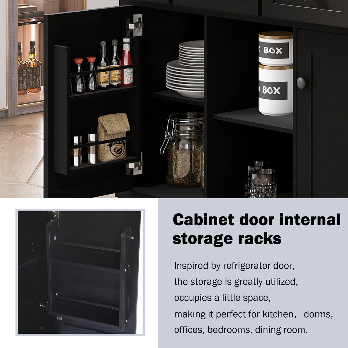 Kitchen trolley with rubber wood leaf countertop, 5-wheel kitchen island, storage cabinet and 3 dining drawers, black - V.I.P Digital Presence