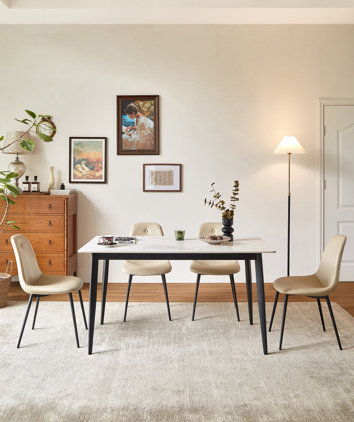 A set of 2 high back dining chairs with PU artificial leather soft cushions and metal legs, decorated with large soft cushions - V.I.P Digital Presence