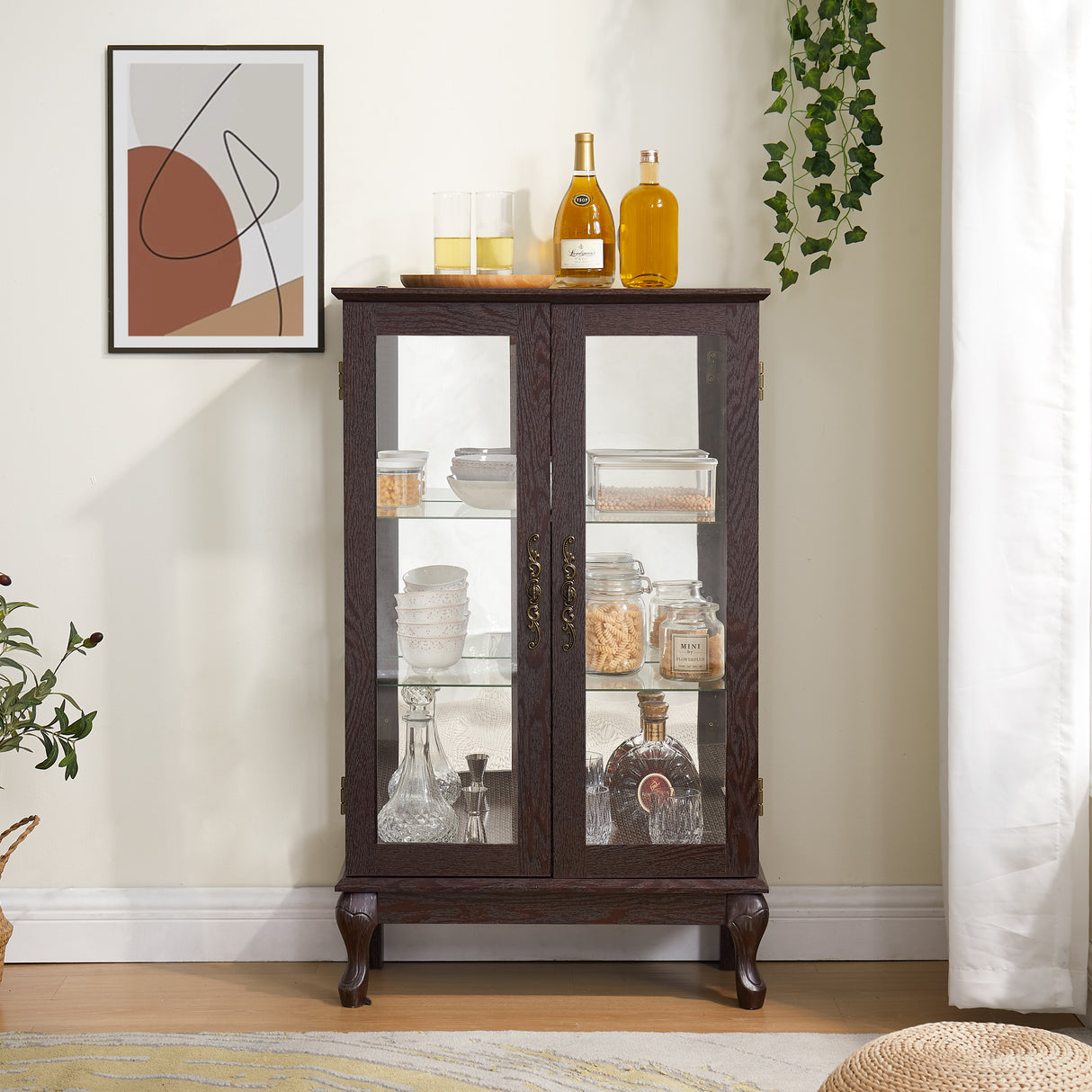 Dual door Curio cabinet with tempered glass mirror back panel and adjustable shelf display cabinet with light bulbs cherry color - V.I.P Digital Presence