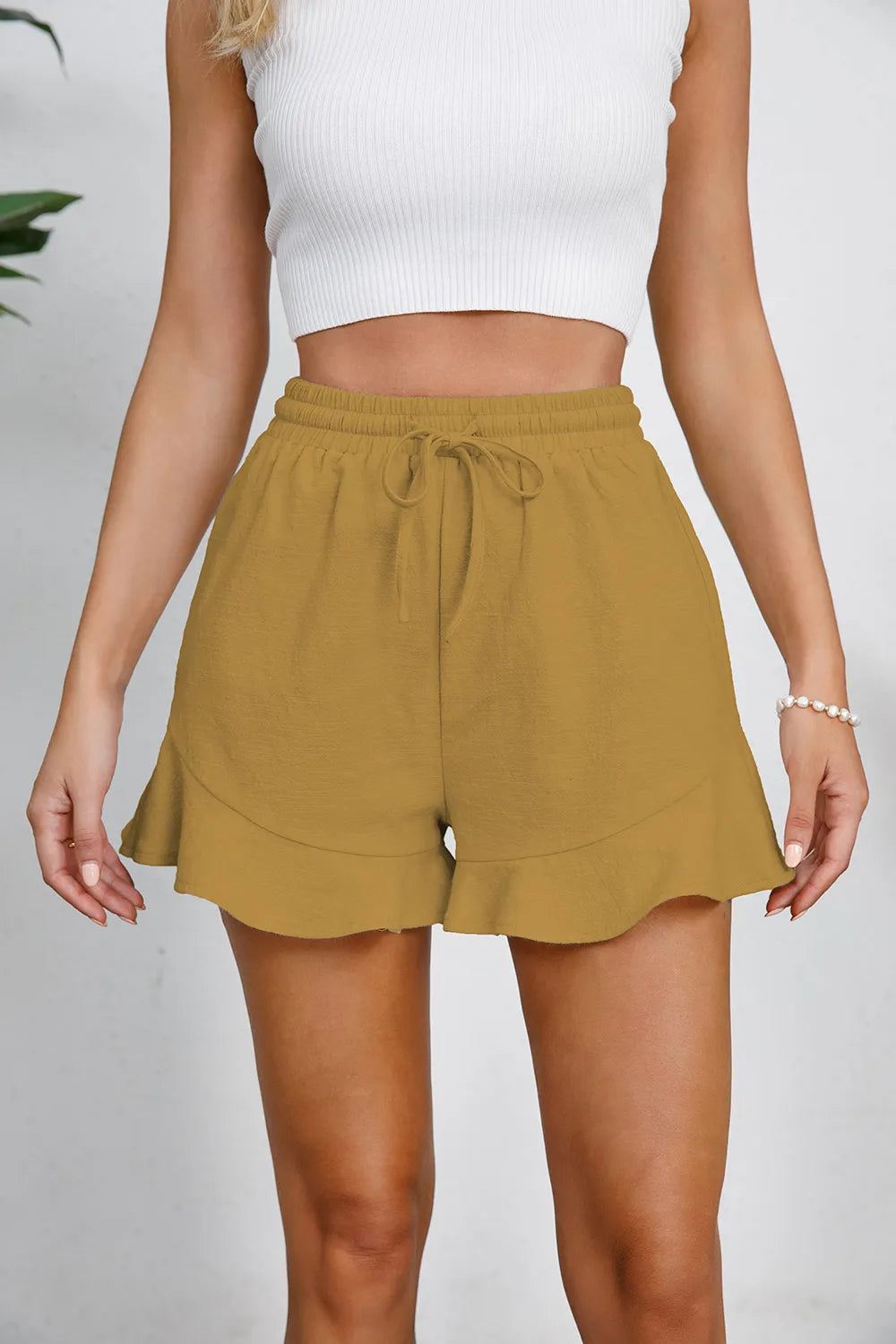 Women's cotton and linen shorts with ruffled edges and drawstring casual pants for women - V.I.P Digital Presence