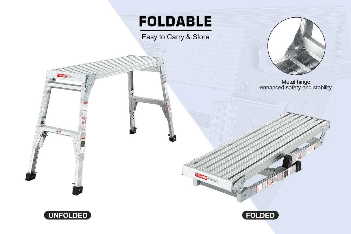Aluminum Work Platform Large Size Step Stool Folding Portable Work Bench 40" Width Telescopic Feet 22" -27.5" Height Adjustable - V.I.P Digital Presence