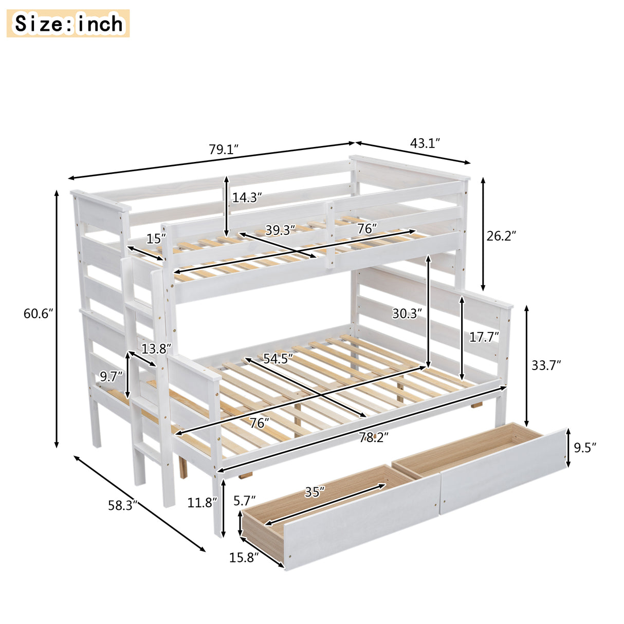 Wood Twin over Full Bunk Bed with 2 Drawers White