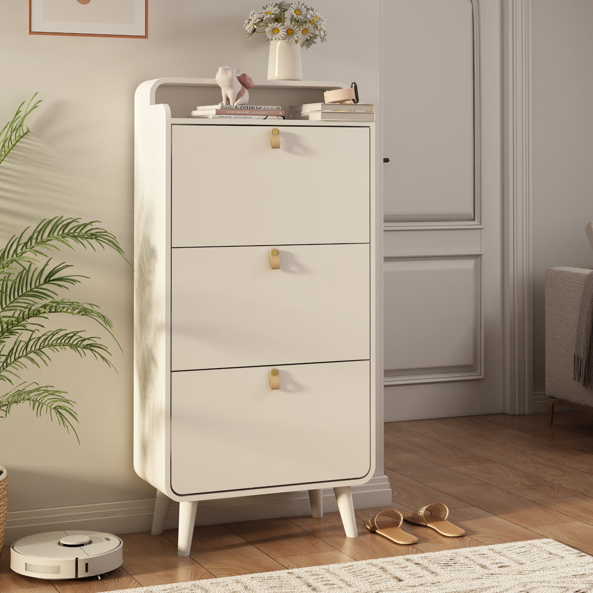 Modern Arc Design Shoe Cabinet With 3 Drawers,Shoe Storage Cabinet for Entryway,Outdoor,White Finish - V.I.P Digital Presence
