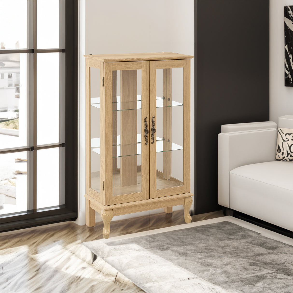Dual door Curio cabinet with tempered glass doors, mirrored back panel and adjustable shelves, home lighting display cabinet Oak - V.I.P Digital Presence