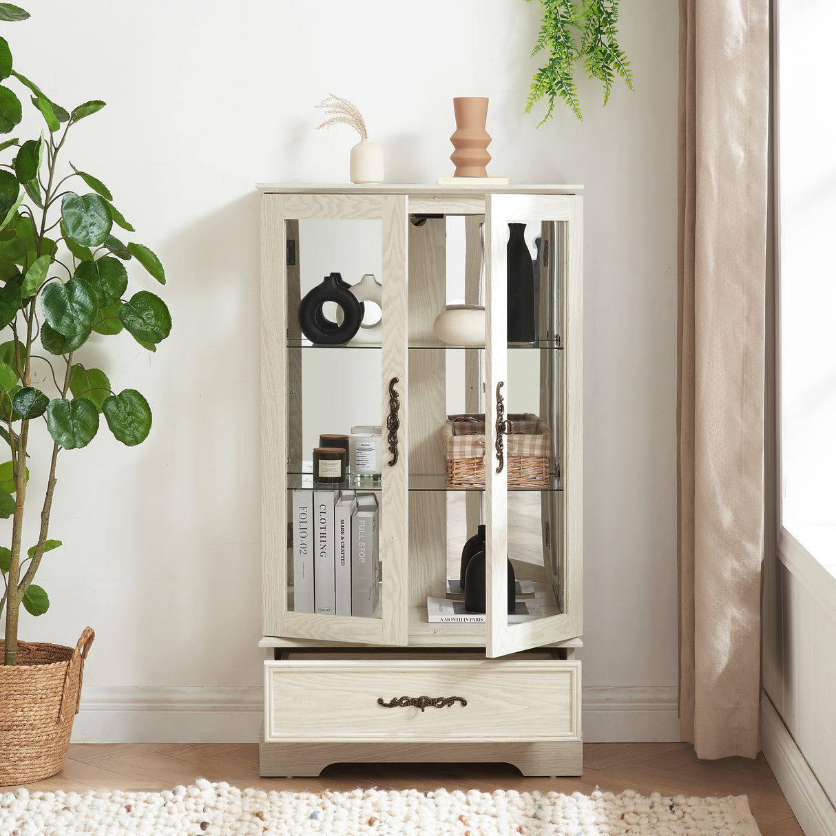 Light colored glass cabinet Curio display cabinet with adjustable glass frame, 2 doors and 1 drawer, including white light bulbs - V.I.P Digital Presence