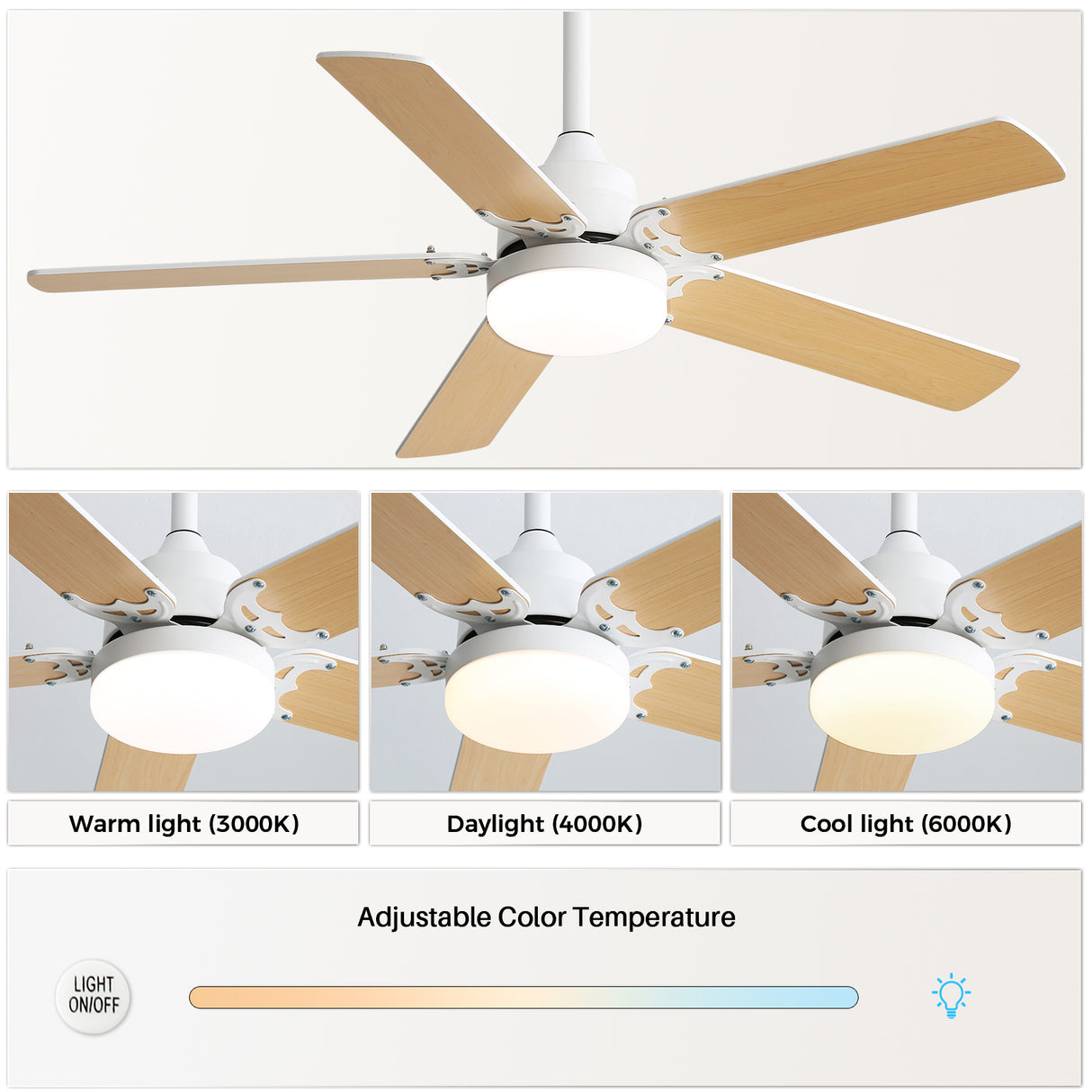 42 Inch Modern Ceiling Fan With 3 Color Dimmable Light 5 Blades Remote Control Reversible DC Motor White - V.I.P Digital Presence