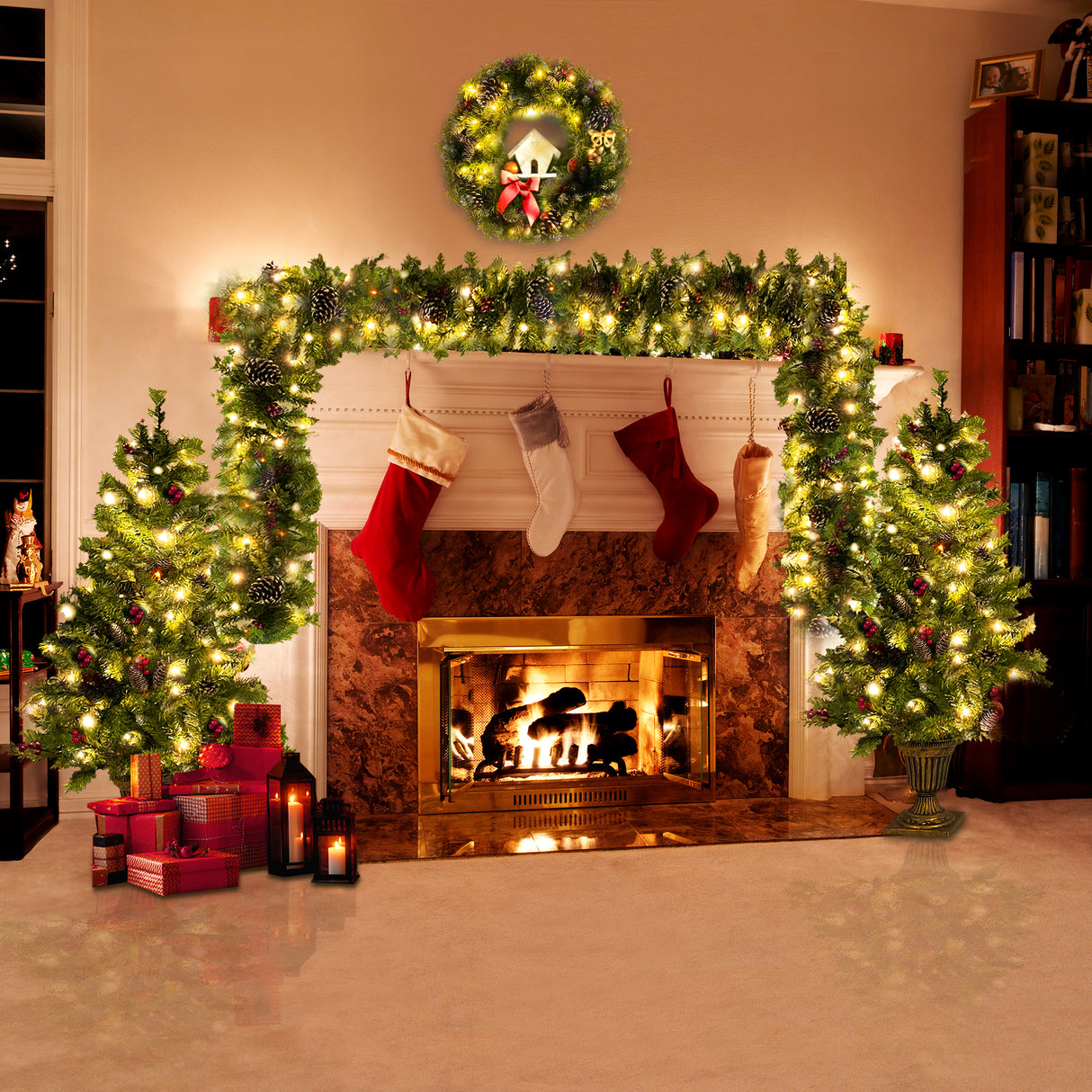 Christmas Tree Artificial Christmas 4-piece Set, including flower wreath, flower wreath, and 2 entrance trees, with LED lights - V.I.P Digital Presence