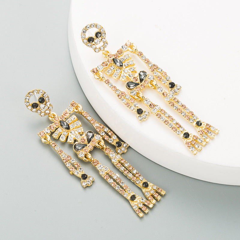 European and American style skull skeleton alloy inlaid rhinestone earrings female personality long exaggerated earrings earrings - V.I.P Digital Presence