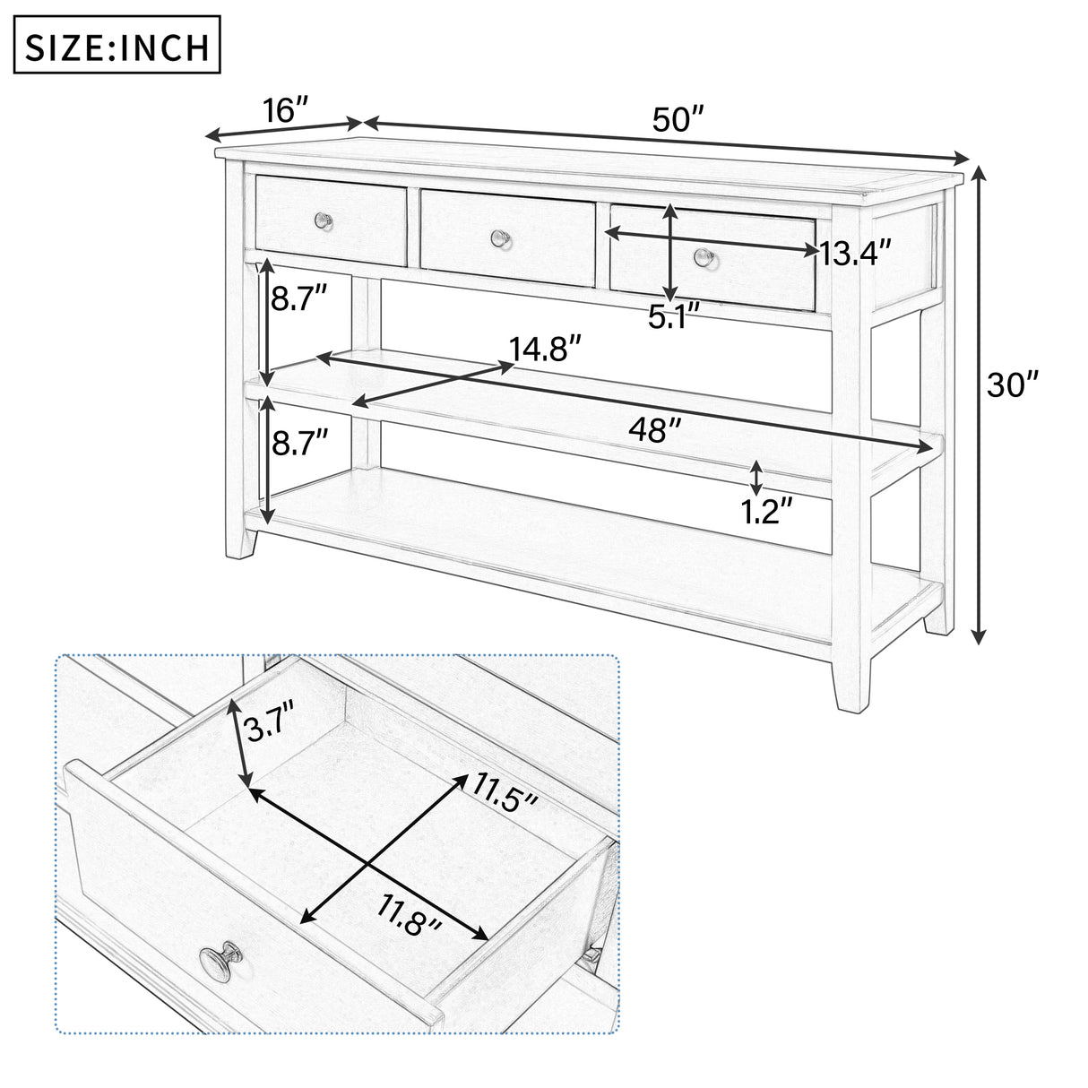 Retro Design Console Table with Two Open Shelves, Pine Solid Wood Frame and Legs for Living Room (Antique Navy+Espresso) - V.I.P Digital Presence