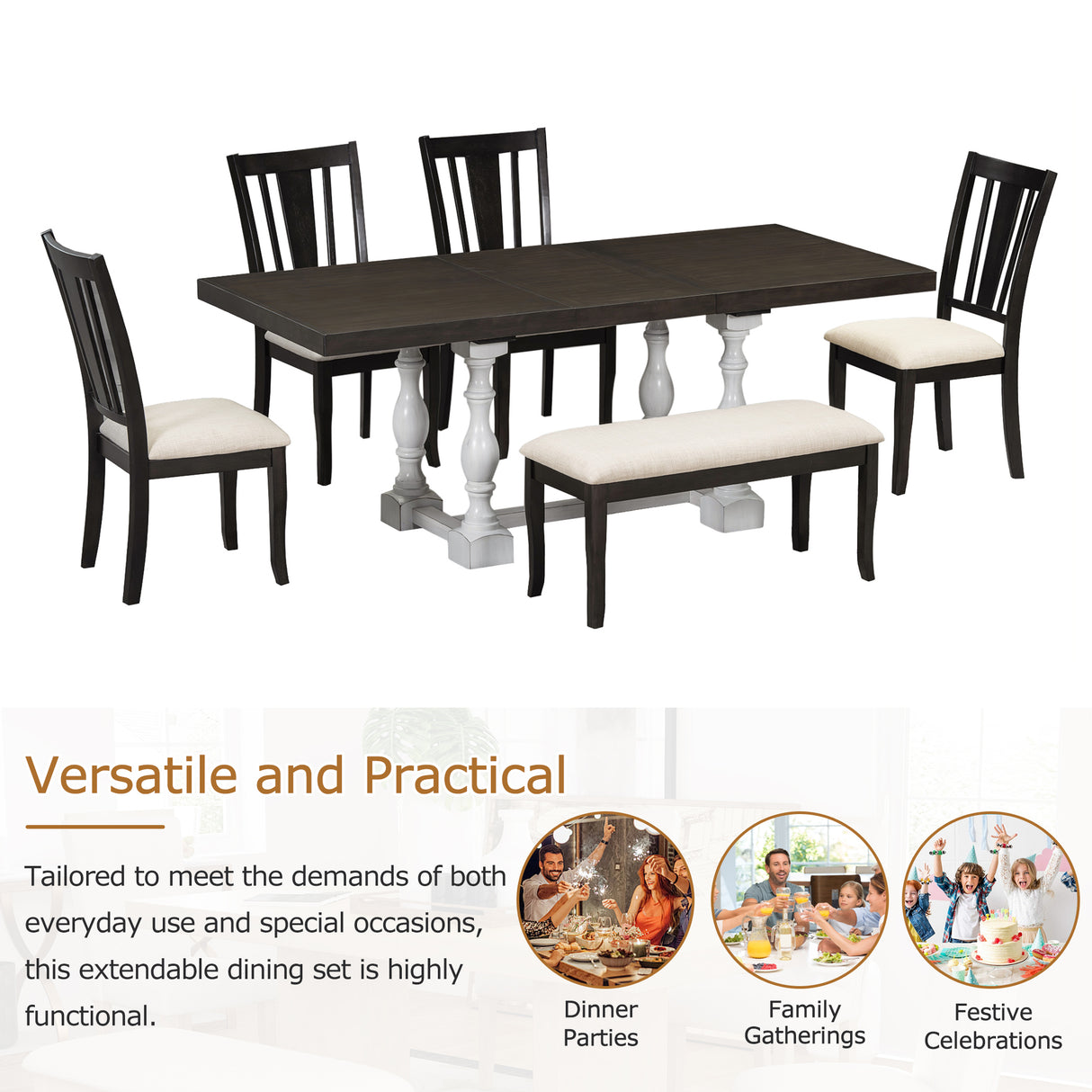 Traditional 6-Piece 78inch Trestle Extendable Dining Table Set with One 18inch Removable Leaf Distressed White - V.I.P Digital Presence