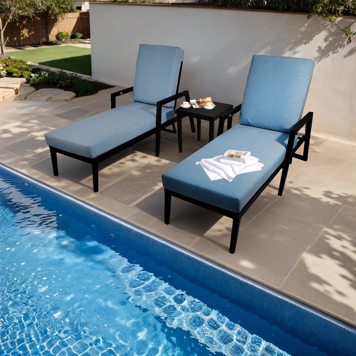 3PC Outdoor Aluminum Patio Furniture Chaise Lounge Set 2 Chaise & 1 End Table - V.I.P Digital Presence