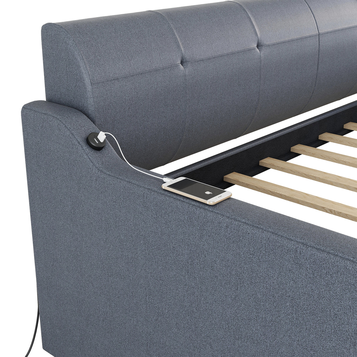 Twin Size Upholstery DayBed with Trundle and USB Charging Design Trundle can be flat or erected Gray - V.I.P Digital Presence