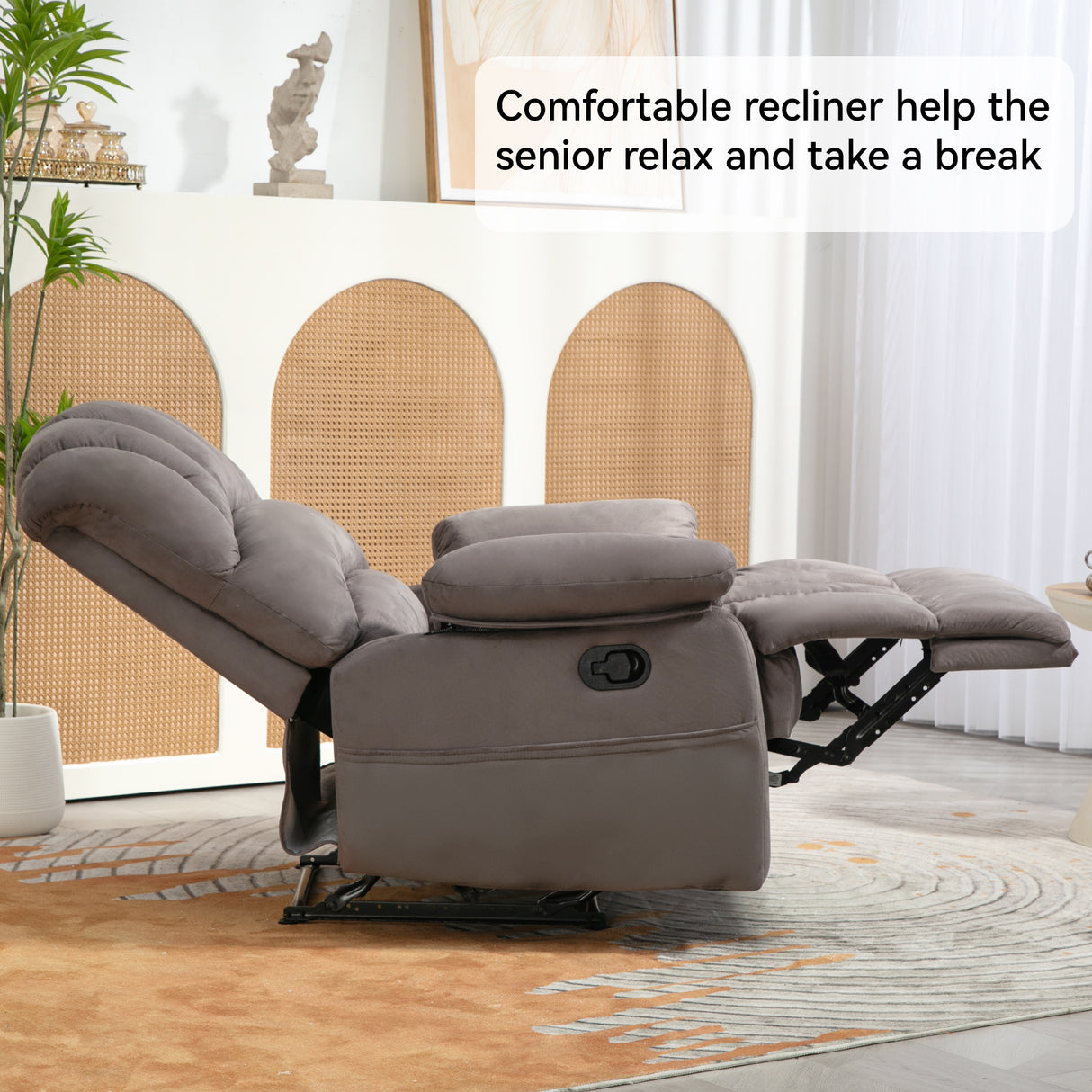 Large Manual Recliner Chair in Fabric for Living Room, Grey - V.I.P Digital Presence