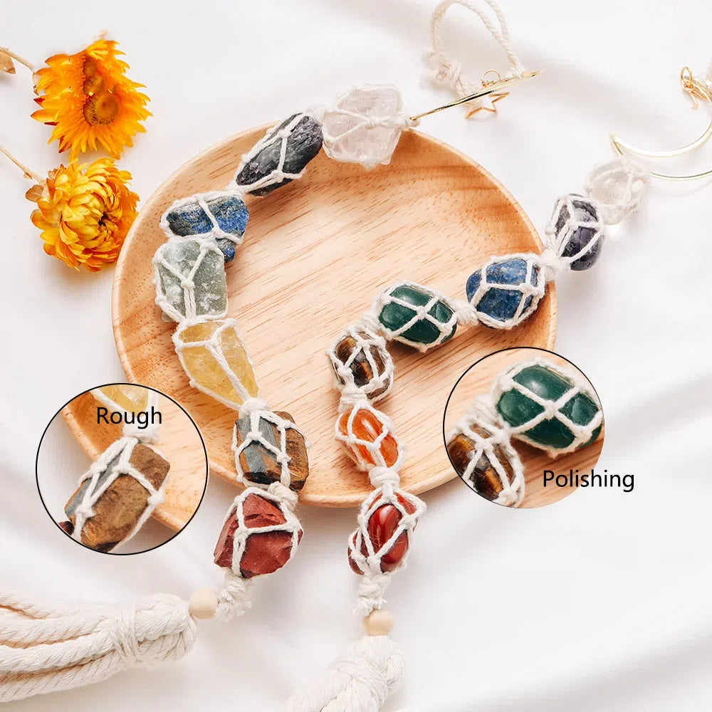 Natural Crystal Seven Color Gemstone White Rope Mesh Bag Hand woven Car Hanging Polishing Gemstone Jewelry Pendant - V.I.P Digital Presence