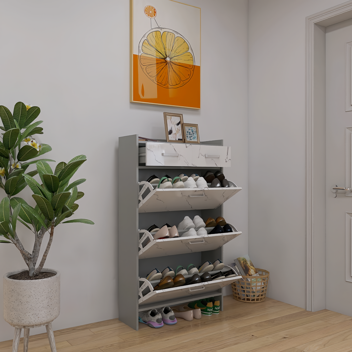 High Glossy Marble Color Doors Shoe Rack 3 Doors Shoe Cabinet With 2 Drawers - V.I.P Digital Presence