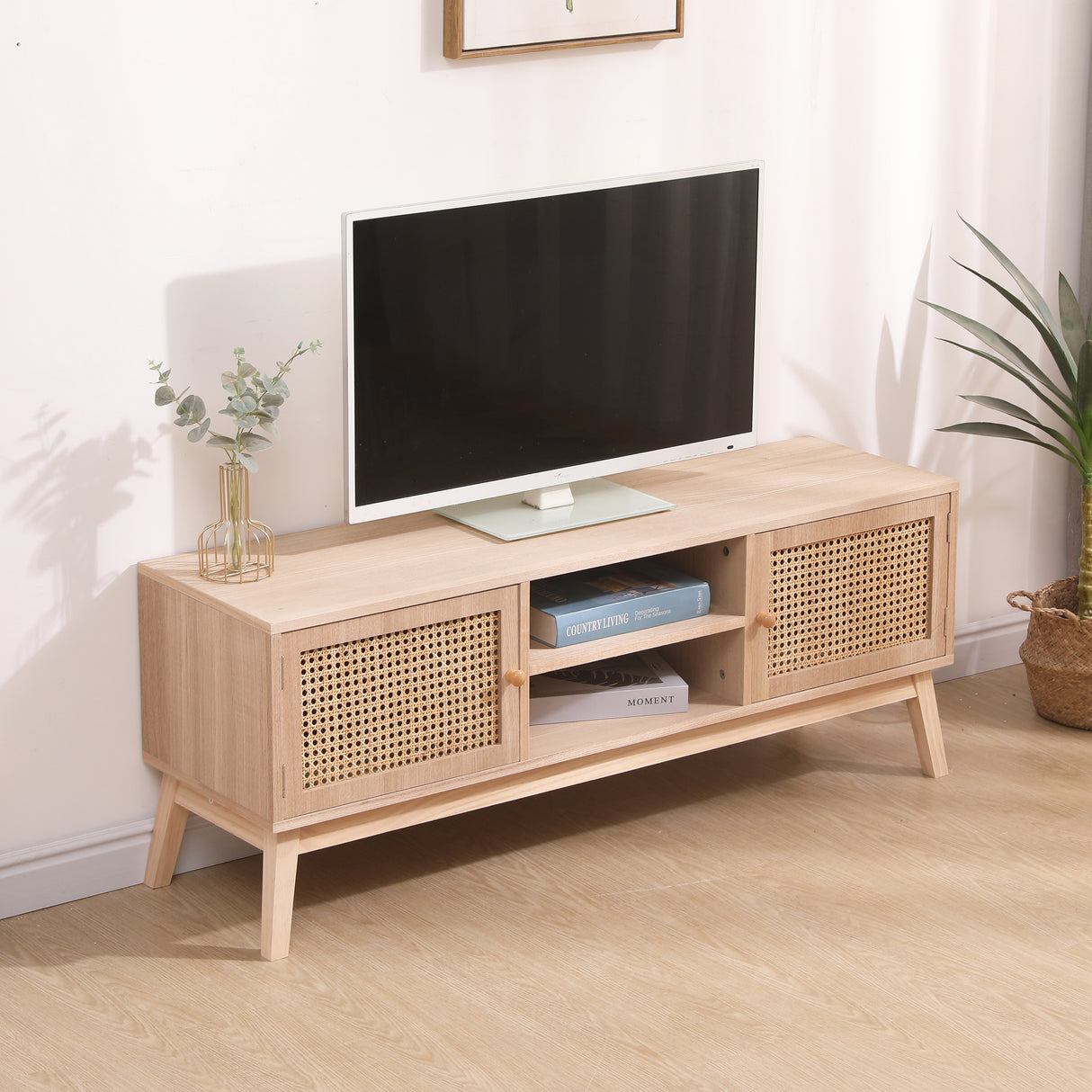 SUPERJARE Boho TV Stand for 55 Inch TV, Entertainment Center with Adjustable Shelf,Real Rattan TV Console with 2 Cabinets - V.I.P Digital Presence