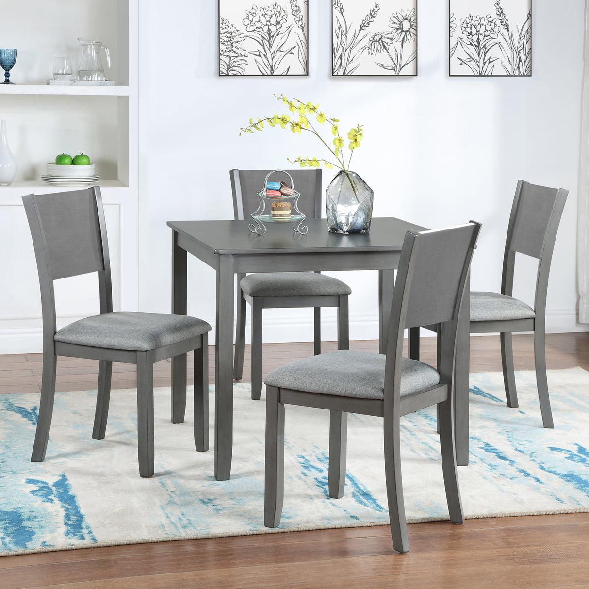 5 Piece Modern Dining Set, Square Wooden Dining Table with 4 Upholstered Chairs for Kitchen, Dining Room, Gray - V.I.P Digital Presence